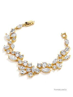 Gold Plated Cubic Zirconia Mosaic Bridal Bracelet with Marquise and Round CZ